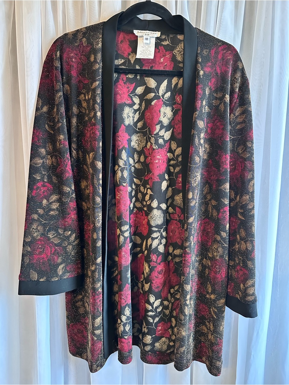 Vintage Miss Dorby Black Red Rose Floral Metallic gold Open Cardigan size 18